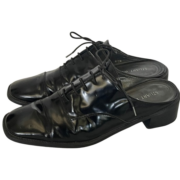 Stuart Weitzman Black Patent Leather Lace Up Mule Heels Square Toe Women's 8.5 - Picture 1 of 14